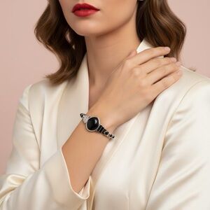 Paparazzi Elegant Black Stones Silver Tone Cuff Bracelet NWOT